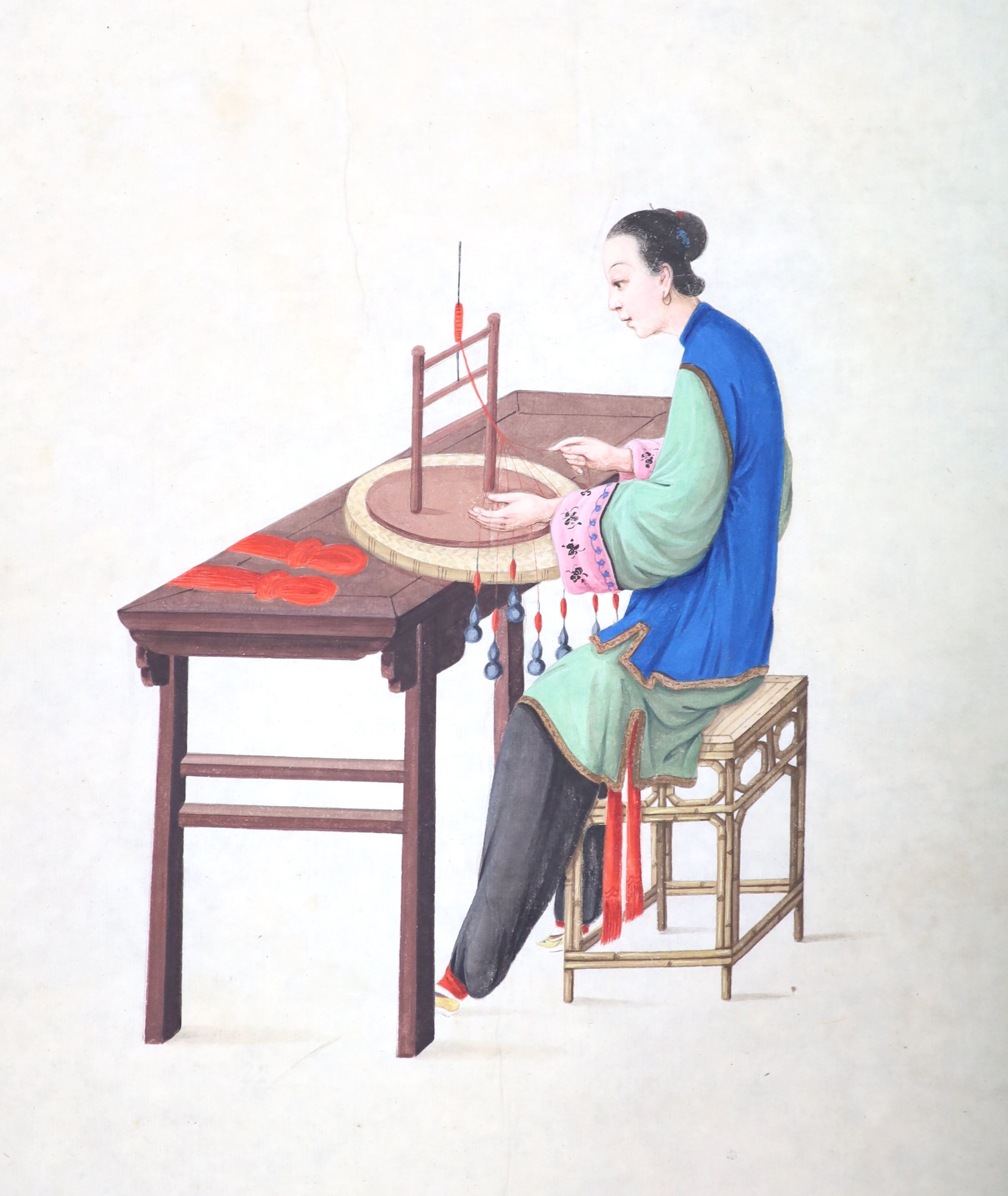A folio sized album of 64 Chinese Canton school full page gouache paintings on rice paper, mid 19th century, Album 55 cm x 38.5 cm